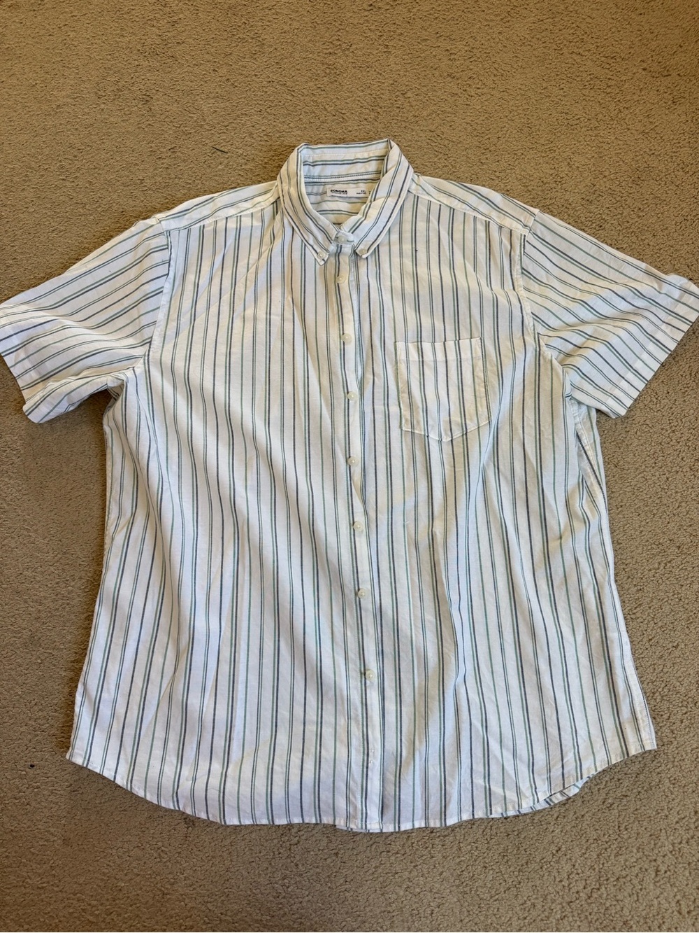 Sonoma White Short-Sleeve Button-Down Shirt with Green Stripes